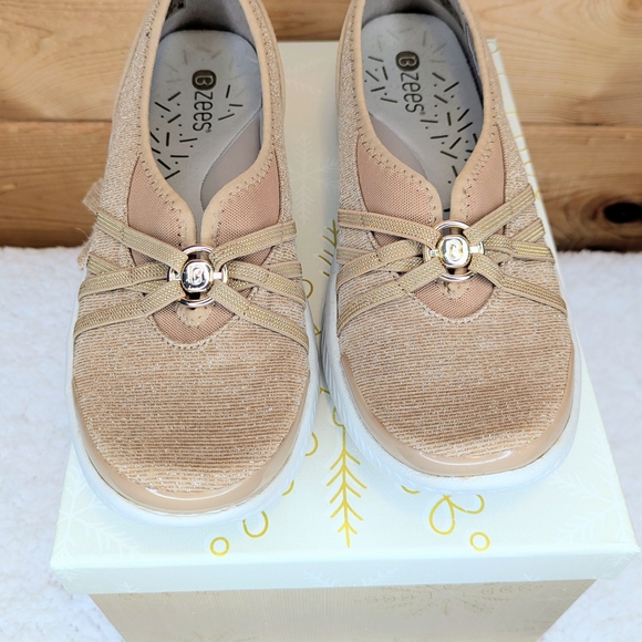 Bzees Slip-On Women's Beige/Gold  Shimmery Sneaker Shoes - Picture 2 of 15